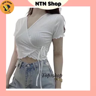 Áo Croptop Cổ v đắp chéo cột dây.