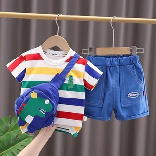 Bộ Áo Thun Cổ Tròn + Quần Short In Hình Khủng Long Hoạt Hình Dễ Thương Thời Trang Mùa Hè Cho Bé Trai + Gái