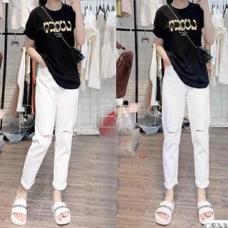 Quần jean trắng baggy rách 2 gối🌸 Sang-xịn-mịn. Chất jeans dày dặn