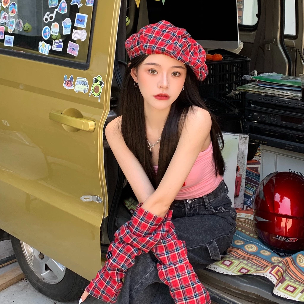 Style Congee Cocoa Mũ Beret Họa Tiết Sọc Caro Đỏ Đầu To Thời Trang Mùa Hè Cho Nữ