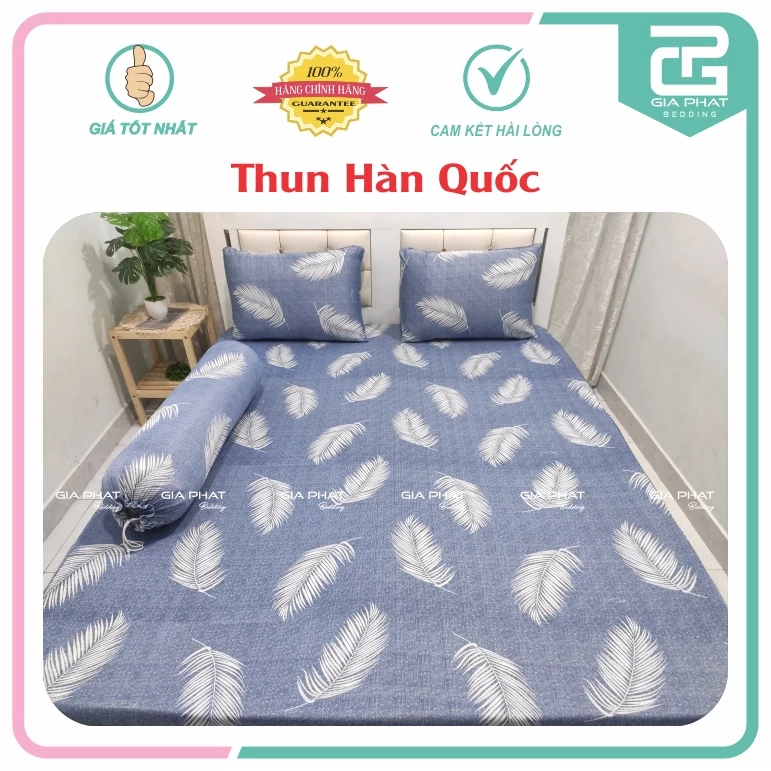 Bộ ga gối Thun Lạnh Hàn Quốc { 4 Món } họa tiết Lông Vũ ( 1 ga bọc + 2 vỏ gối nằm + 1 vỏ gối ôm )