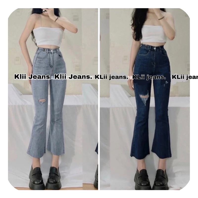 Quần jean ống loe lửng rách nhẹ siêu xinh🌹dài 90-93 lưng cao co giãn KLii jeans