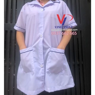 Áo Blouse Trắng Có Viền Xanh Nữ Bo Tròn Cổ - Áo Blu Trắng Điều Dưỡng, Y Tá, Dược Sỹ, Y Sỹ, Thẩm Mỹ Viện, Spa Nhà Thuốc