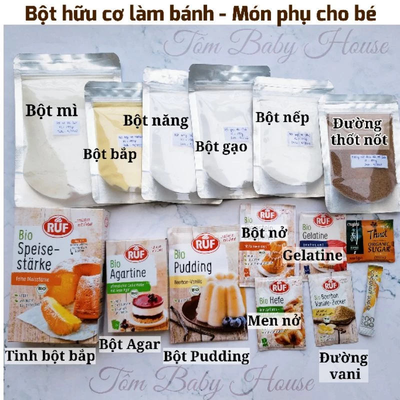 Bột hữu cơ làm bánh cho bé - Bột mì/Bột bắp/Bột năng/Bột nở/Men nở/Gelatine/Pudding/Pancake/Bột gạo/Bột nếp/Vụn dừa