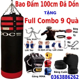 Bao cát đấm bốc 100cm 3 lớp dạng treo tường đã nhồi sẵn ruột tặng găng đấm bốc boxing rồng lửa full combo 8 món phụ kiện