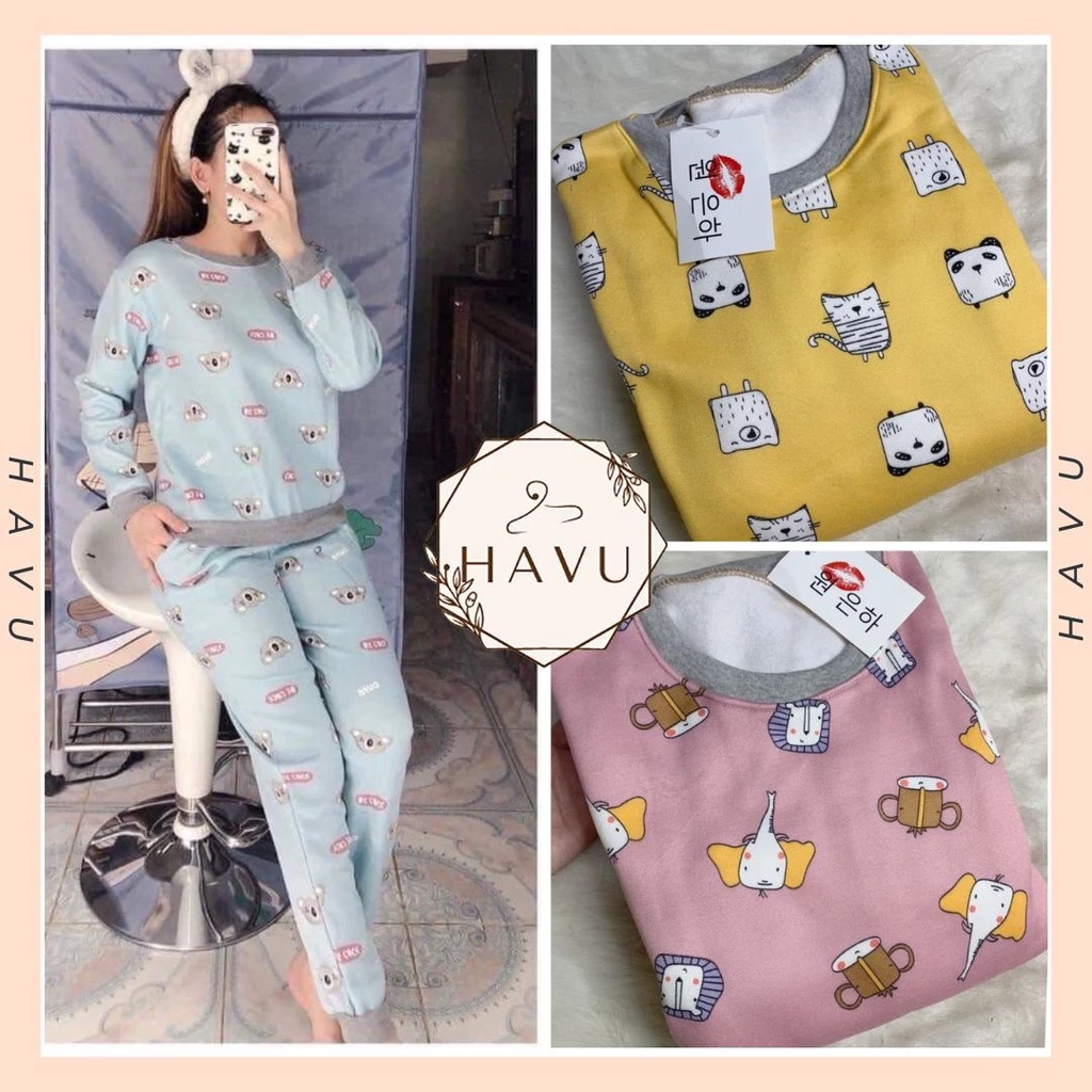 Bộ nỉ bông nhiều họa tiết nữ, set quần ống bo áo sweater mặc ở nhà, đồ ngủ dài tay đẹp icon dễ thương bánh bèo HOT