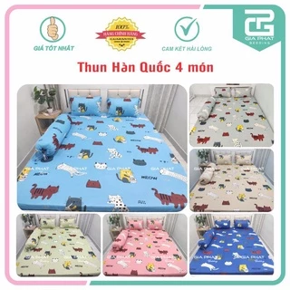 Bộ Ga Gối Thun Lạnh Hàn Quốc {4 Món} họa tiết Mèo Con ( 1 ga bọc + 2 vỏ gối nằm + 1 vỏ gối ôm )