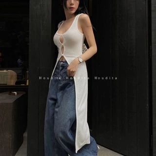 NEW áo thun sát nách tà xẻ tà dài sexy phong cách đường phố đi chơi đi tiệc - HOUDITA - CAN001