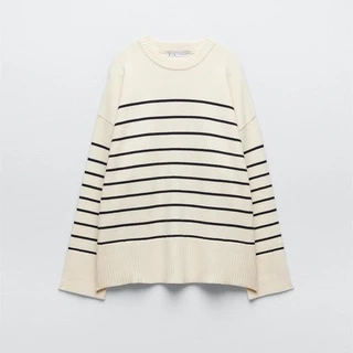 Zara Áo sweater Dệt Kim Tay Dài Cổ Tròn Hoạ Tiết Kẻ Sọc Thiết Kế Dáng Rộng Thoải Mái 3519126