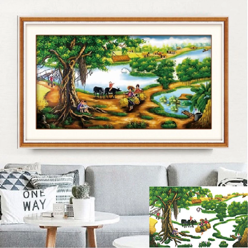 Tranh thêu chữ thập Cây Đa Đầu Làng KT:124x62cm