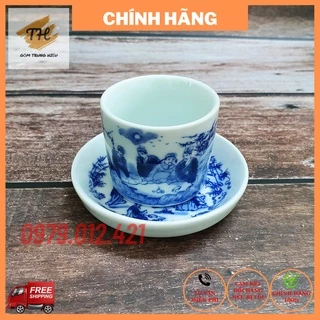 Bộ chén đĩa lẻ uống trà xanh men lam Bát Tràng cao cấp tích trúc lâm thất hiền