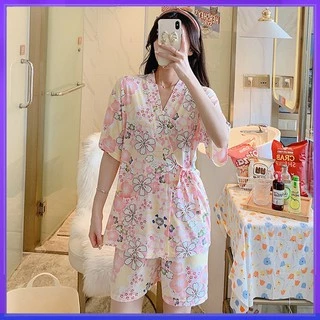 Mẫu mới về Bộ đồ ngủ quần cộc áo yukata đồ mặc nhà Bộ Pijama Nữ Dây Eo Cộc