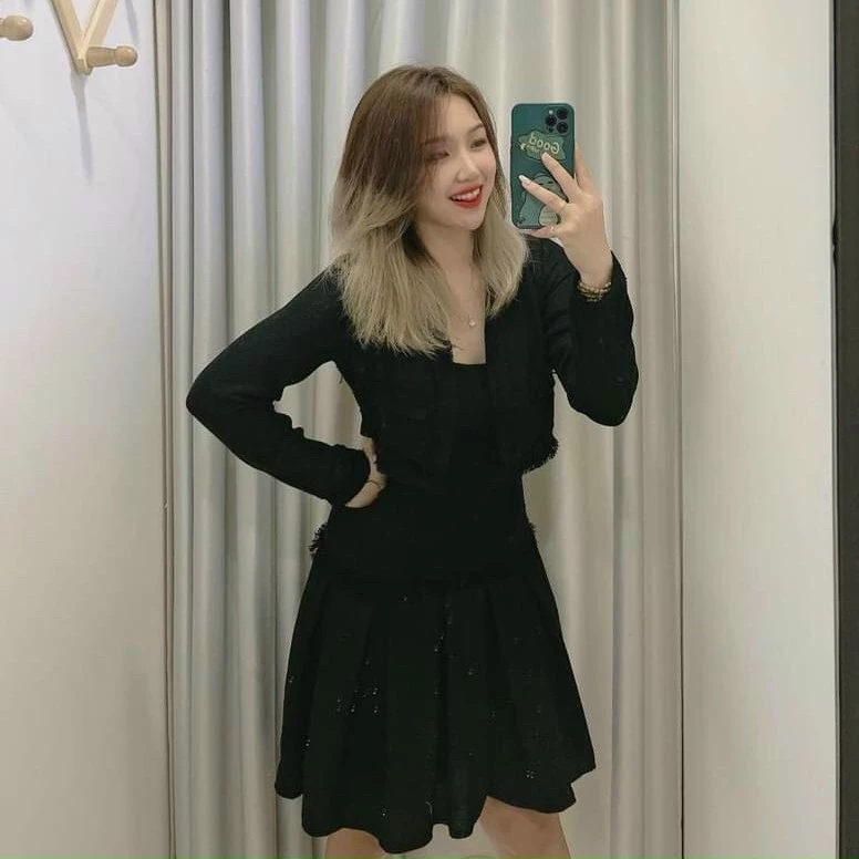 [FREESHIP] SET ĐẦM VẢI TWEED ĐEN - SET ĐẦM BỐ ĐEN - MÈO INDA HOUSE