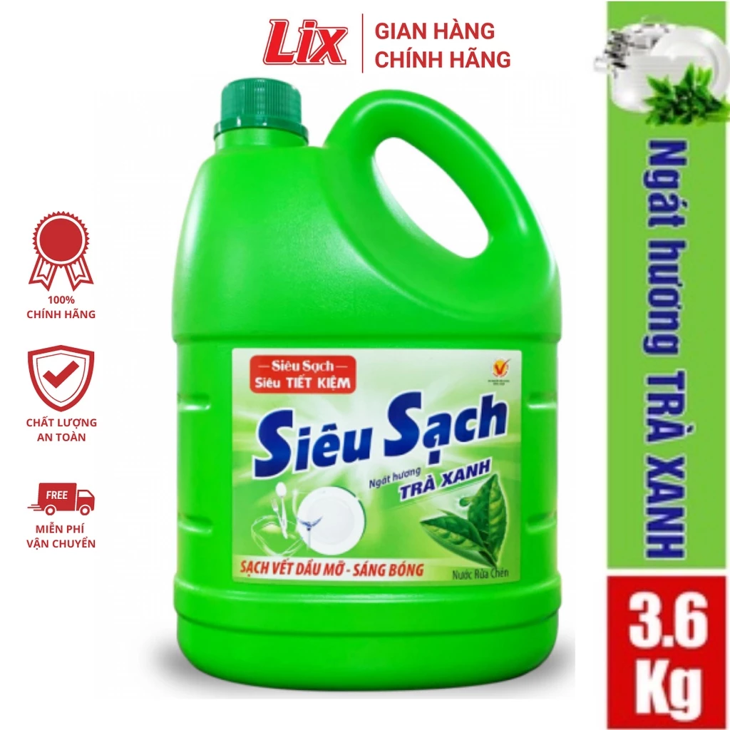 Nước Rửa Chén Lix Siêu Sạch Hương Trà Xanh 3.6Kg N8105 thơm dịu sạch bóng vết dầu mỡ