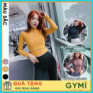 Áo tập gym yoga nữ dài tay GYMI AD13 dáng croptop thể thao có khoá kéo chất thun poly mịn mát co giãn