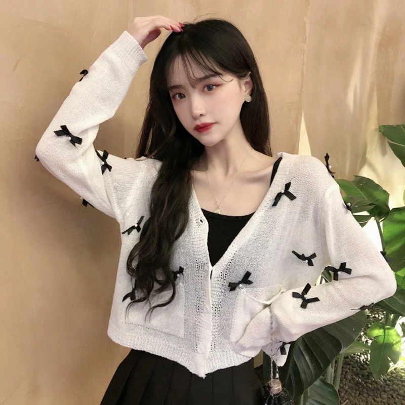  Áo Khoác Cardigan Dệt Kim Tay Dài Phối Nơ Thiết Kế Ngọt Ngào Cho Phái Nữ