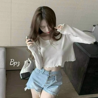 Áo croptop tay dài, thun gân đơn giản 4 màu