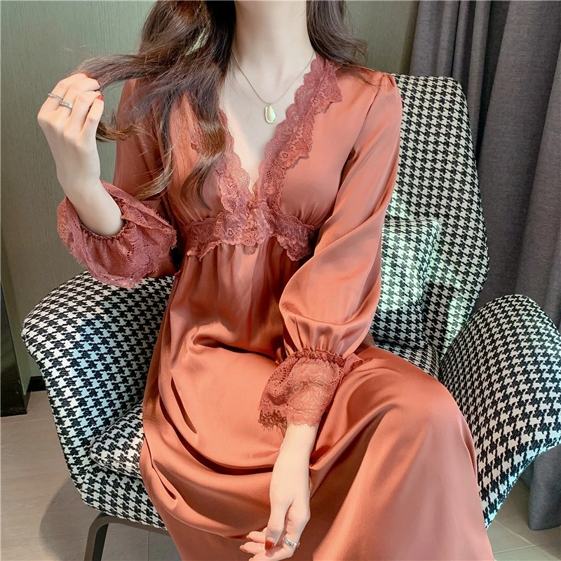 Đầm Ngủ Công Chúa Tay Dài Phối Ren Có Miếng Đệm Ngực Thời Trang Quyến Rũ Cho Nữ