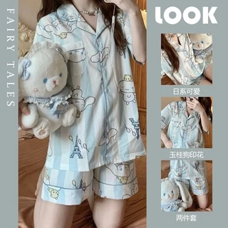 SANRIO Bộ Đồ Ngủ Pijama Tay Ngắn + Quần Short Họa Tiết Hoạt Hình Chú Chó Cinnamoroll Dễ Thương Cho Nữ