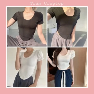 Áo Croptop Tay Ngắn Tam Giác Cổ Tròn , Áo Thun Nữ Phong Cách Hàn Quốc