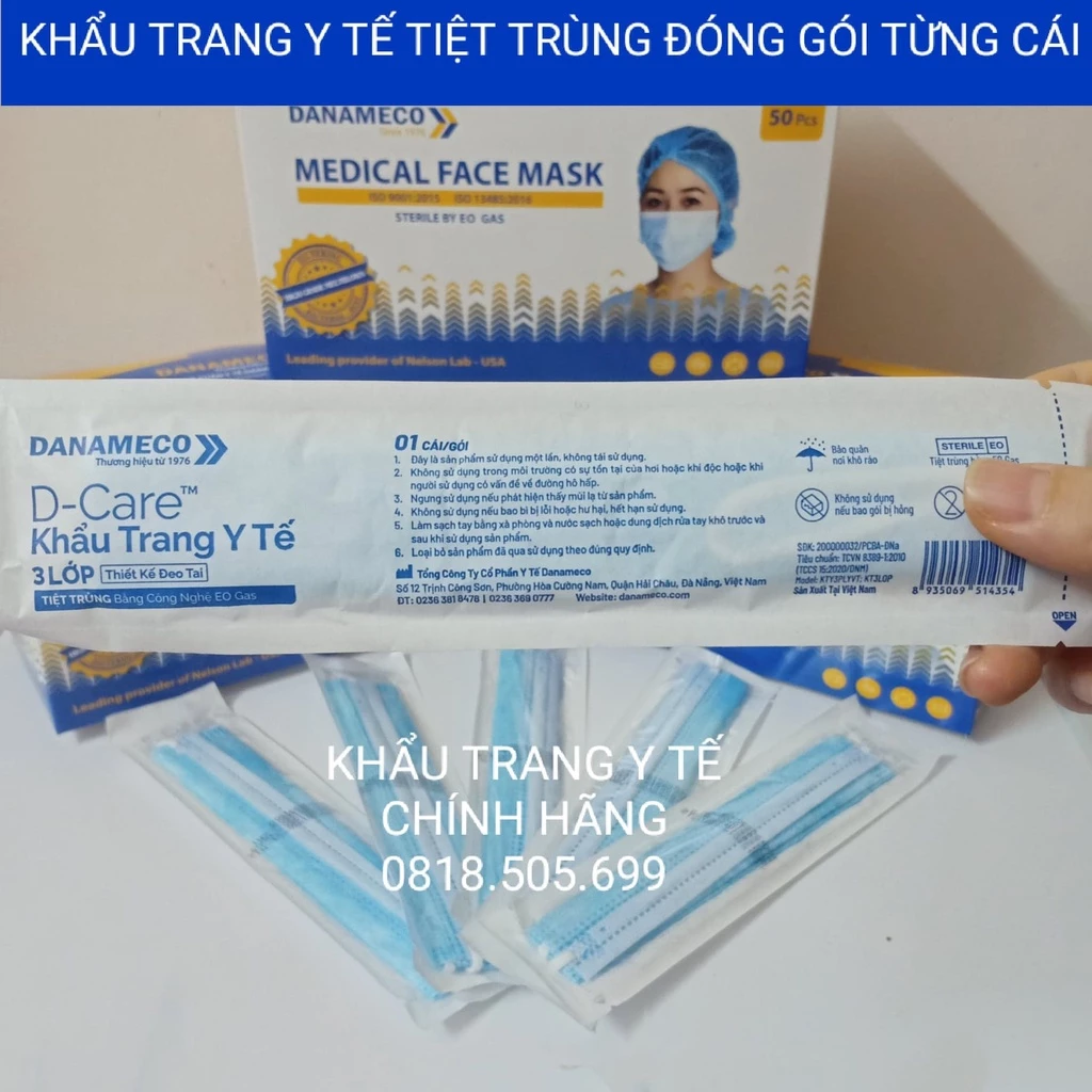 Khẩu trang Danameco tiệt trùng EO.GAS, màng lọc cao cấp, đóng gói từng cái (GÓI 1 CÁI)