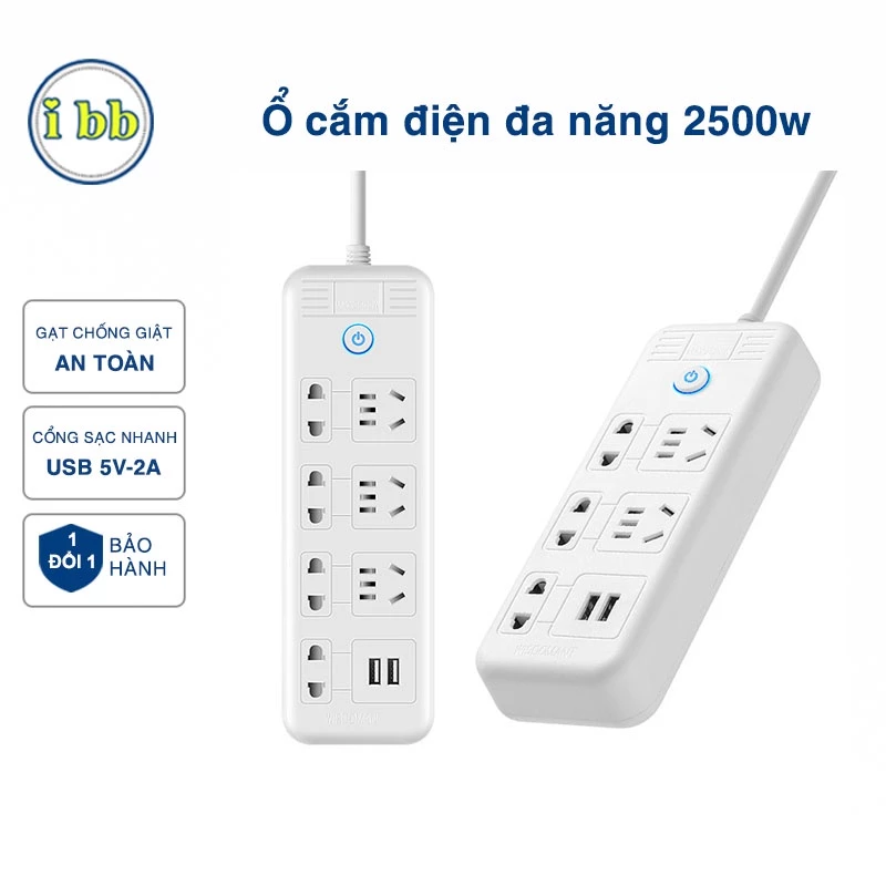 Ổ cắm điện đa năng tích hợp cổng USB 5V-2A sạc nhanh, phích 2 chân dẹt, nhựa PP/PC chịu nhiệt tốt chống cháy nổ