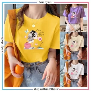 Cartoon Girls Printed Short Sleeve T-Shirts Korean Tops College Style Casual Tee Top Round Neck Soft and Comfortable Summer Baju-T