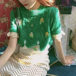 Áo Sweater Tay Lửng Thêu Hoa Phong Cách Xuân Hè Thời Trang Mới Cho Nữ