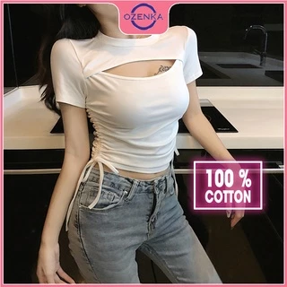 Áo thun croptop nữ ngắn tay dây rút khoét ngực OZENKA , áo crt ôm body kiểu hàn quốc cổ tròn gợi cảm đen trắng dưới 50kg