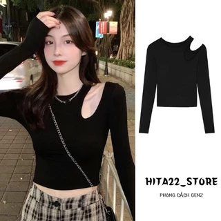 [VIDEO] Áo CROPTOP dáng dài tay khoét lệch vai gợi cảm 2 màu đen trắng phong cách HÀN HITA22_STORE.