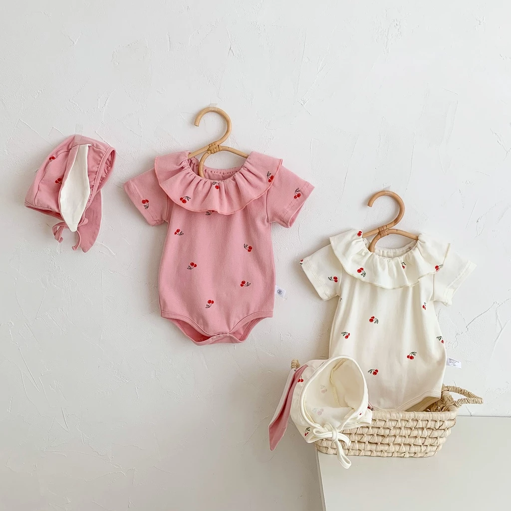 Bộ đồ gồm áo liền quần tay ngắn phối mũ in họa tiết dễ thương thời trang mùa hè cho bé gái