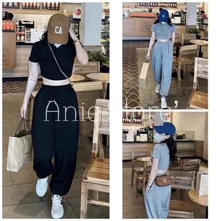 Bộ Áo Croptop Quần Jogger Nữ 🦋 Set Áo Cộc Tay Quần Thun Ống Rộng 2 Màu 🦋