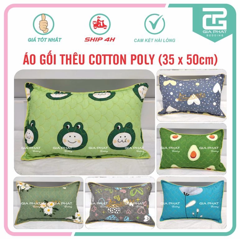 Áo gối thêu 2 lớp chân Gòn 35cm x 50cm có khóa kéo loại 1