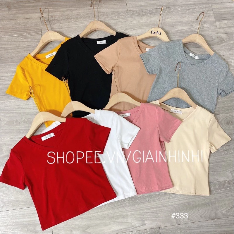 Áo thun cổ tim dáng Crop đơn giản, Áo phông tay cộc dáng ngắn vải cotton XX333 - NhiNhiShop