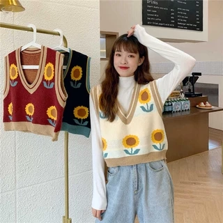 Áo sweater gile dệt kim cổ điển họa tiết hoa hướng dương dáng rộng cổ chữ V phong cách Hàn Quốc cho nữ