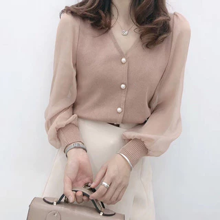 Áo sweater vải dệt kim phối voan thời trang Hàn Quốc dành cho nữ