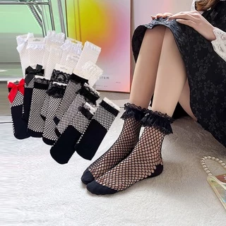 Japanese Lady Lolita Princess Sweet Socks White Bow Fishnet Socks Korean Version Black Lace Fishnet Socks