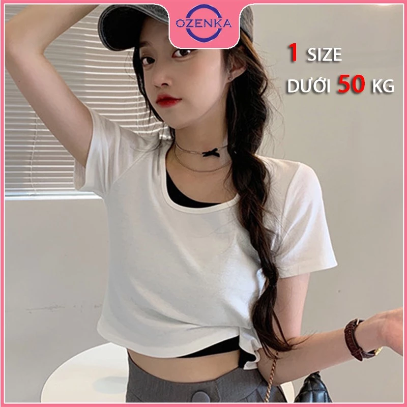 Áo croptop cổ vuông tay ngắn nữ ôm body cải màu xinh xắn chất thun gân cotton 100% nhiều màu một size dưới 50 kg OZENKA