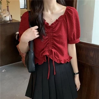 Áo croptop BH tay phồng ngắn cổ chữ V thời trang hè cho nữ