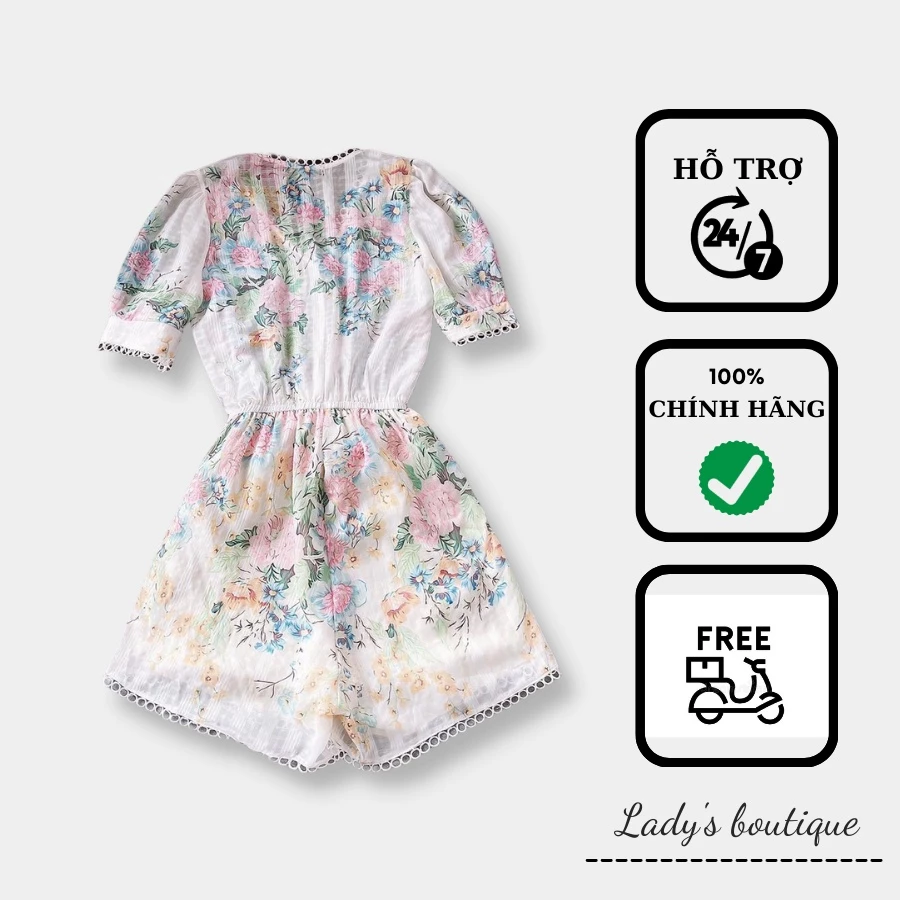 Set đồ bay jumsuits, đồ bay ngắn playsuits đồ bộ nữ rút eo họa tiết hoa phối ren đính khuy phong cách LADY