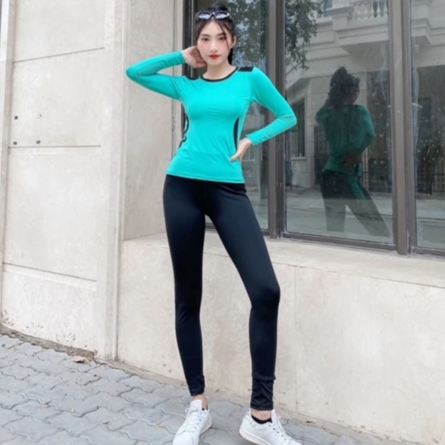 [Big size] Bộ thể thao tập gym, yoga, aerobic thu đông dài tay màu xanh , màu đỏ, màu đen áo phủ bụng quần dài