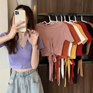 Áo croptop cột nơ cổ chữ V phong cách thời trang nữ