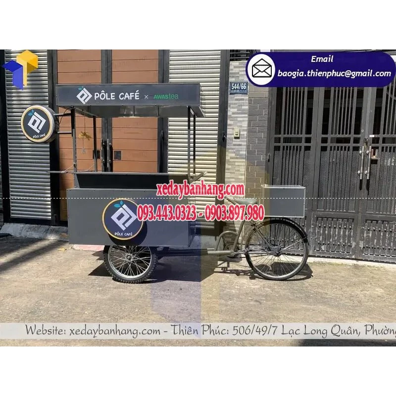 xe bike cà phê lưu động thiết kế mái che vuông - xedaybanhang.com