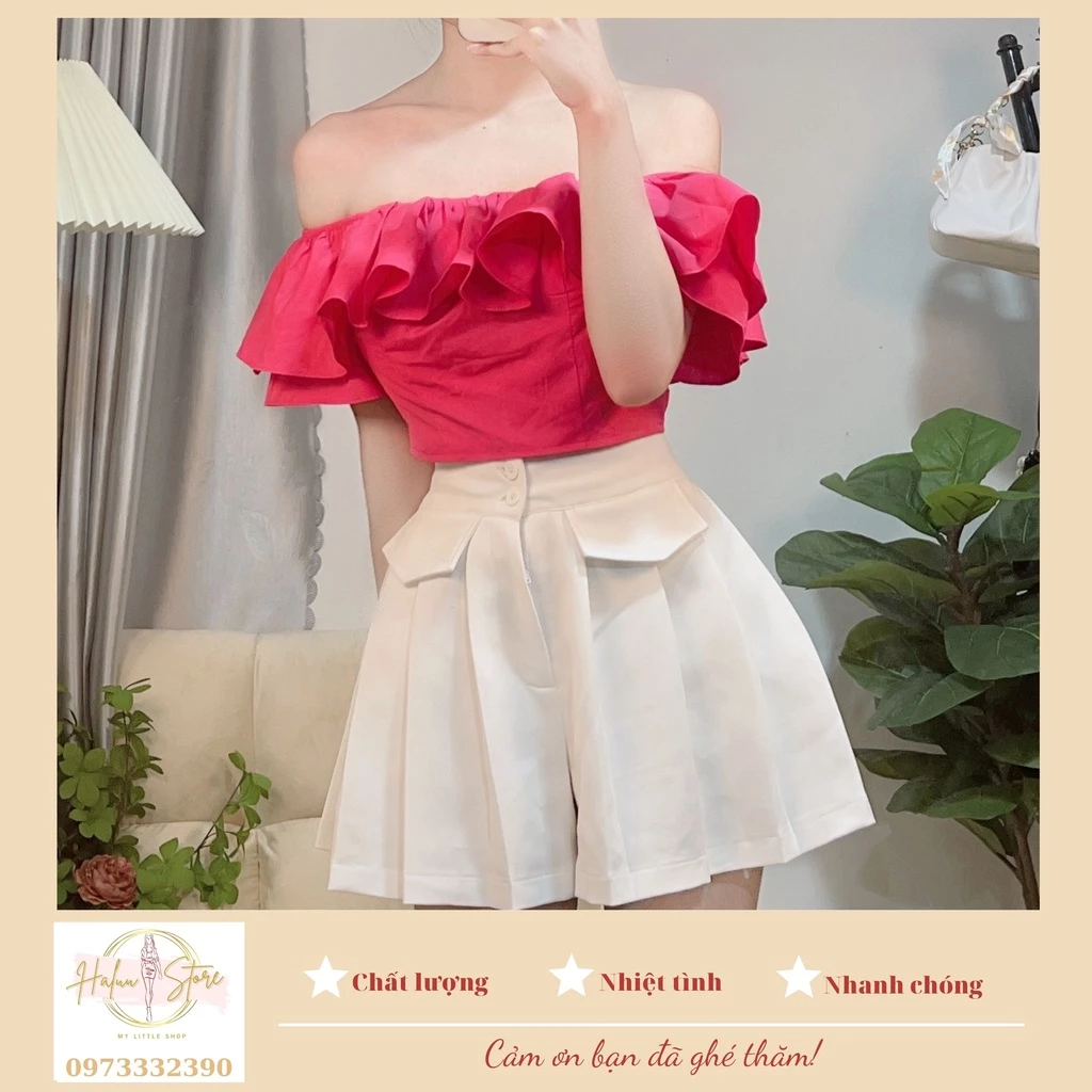 Áo trễ vai croptop (CÓ SẴN MÚT) hồng sen hottrend/ Quần short xếp ly giả váy màu trắng HT40 HaLuu Store thích hợp cho nữ