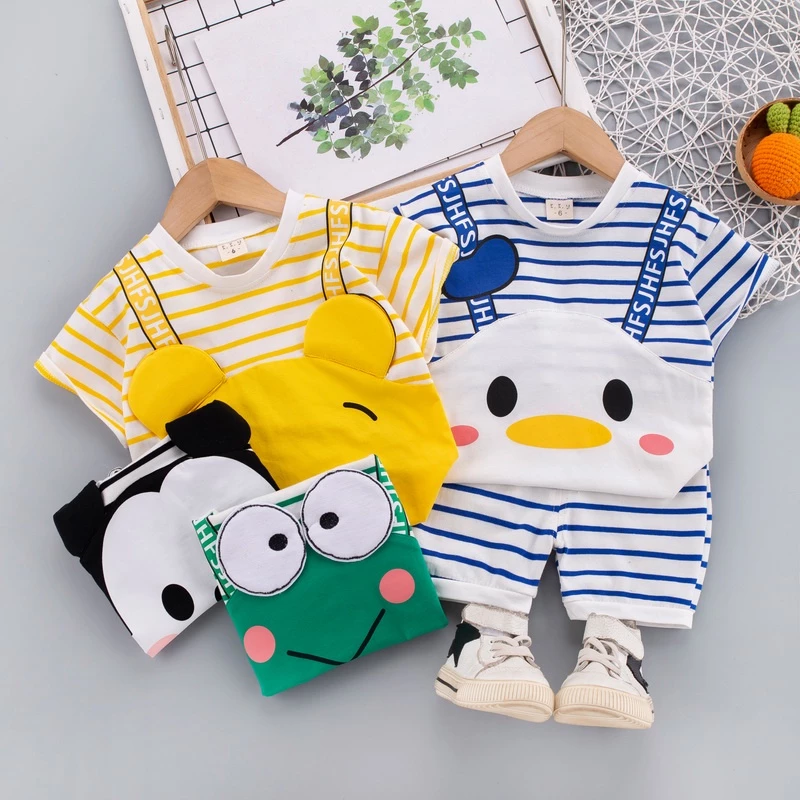 Bộ Áo Thun Tay Ngắn Cổ Tròn Kẻ Sọc + Quần Short Cotton Họa Tiết Kẻ Sọc Hoạt Hình Thời Trang Mùa Hè Cho Bé 80-110cm