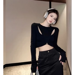 Áo croptop QKOOLE dệt kim tay dài phong cách Hàn Quốc thời trang cho nữ