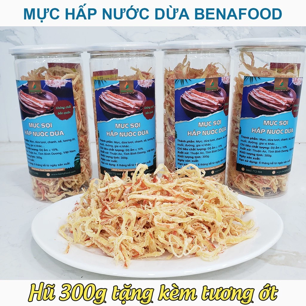 Khô Mực Xé Sợi Hấp Nước Dừa Bena Food - Hũ 300g Kèm Ảnh Thật