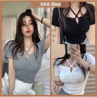 Áo thun croptop nữ cộc tay đan dây chéo ngực hở eo freesize, Áo nữ ôm body tôn dáng sexy hàn quốc