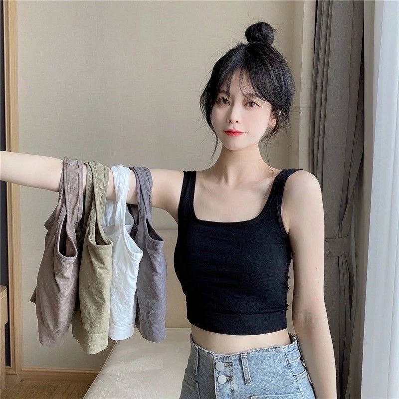 Áo Bra Cotton Cổ Vuông Trơn Mềm Mịn Dáng Lửng Có Đệm Ngực Mã 1809