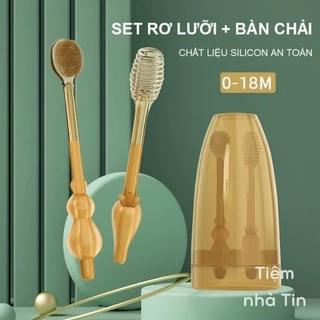 Set Rơ Lưỡi + Bàn Chải Silicon Cho Bé 0-18 Tháng, Kèm Cốc Đựng